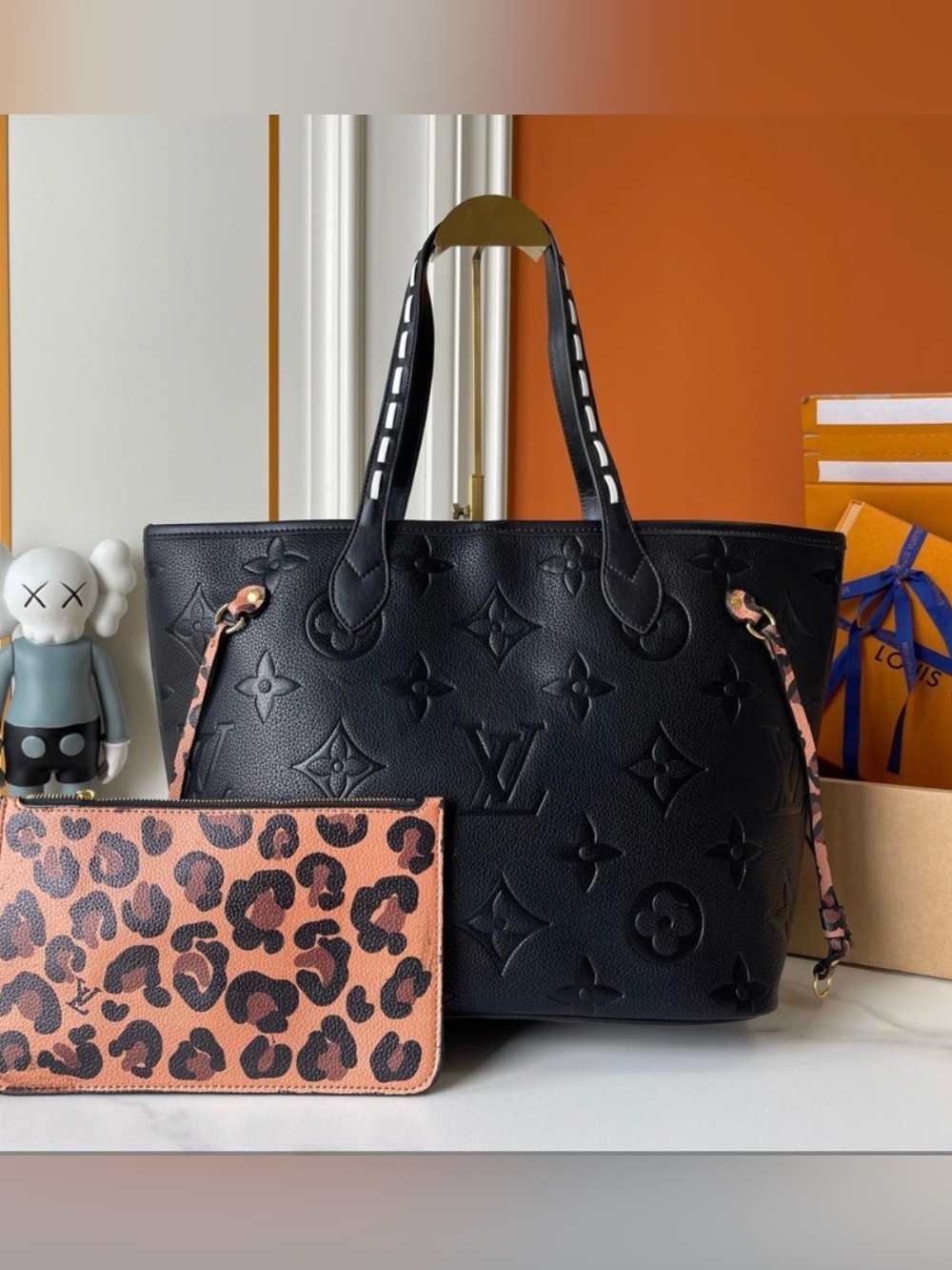 L V Black Embossed Leather Tote Bag with Leopard Pouch